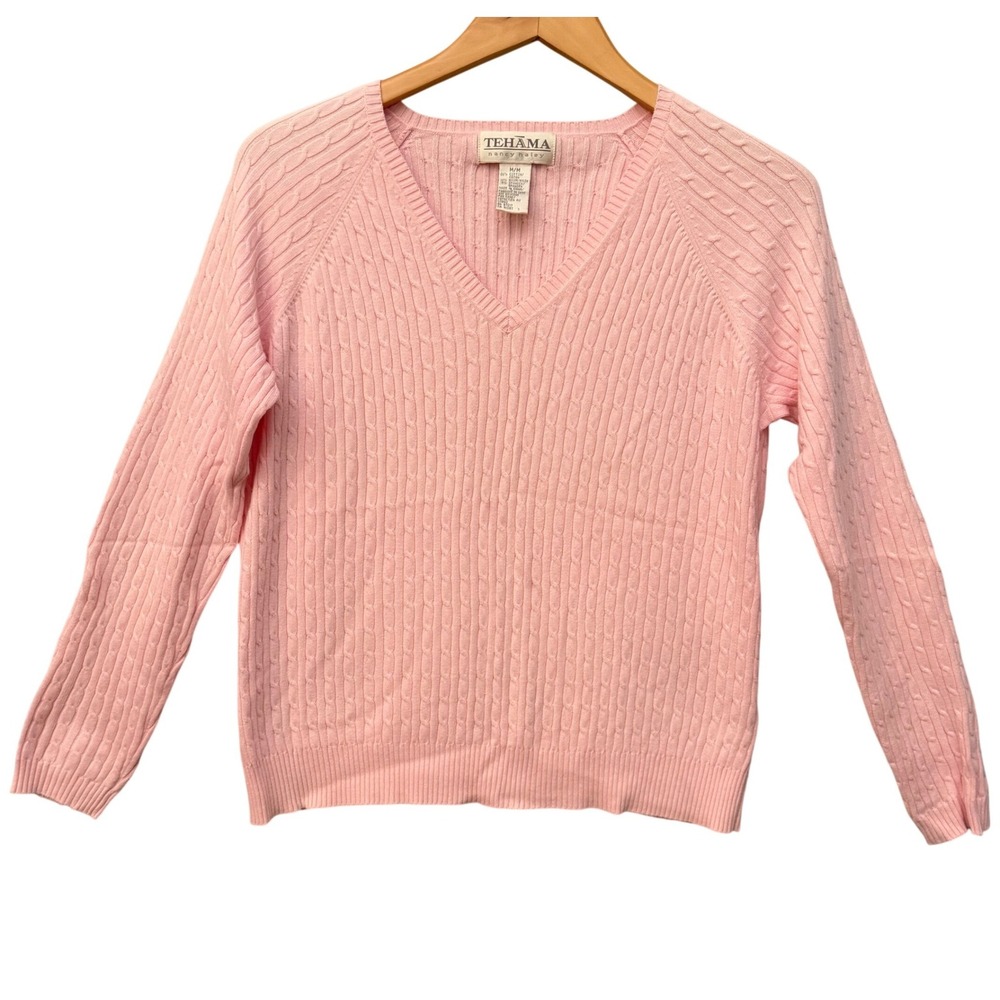 Tehama Nancy Haley Women Sz Md Pink Cable Knit V-Neck Sweater Grandmacore Preppy